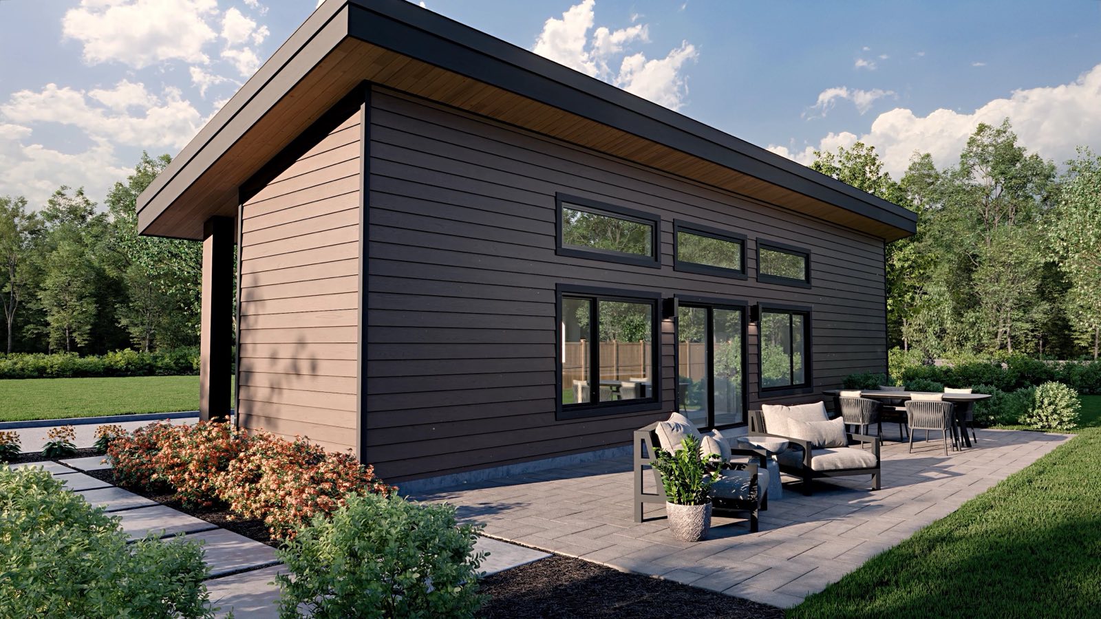 Custom deck and patio seating area off an EcoHome