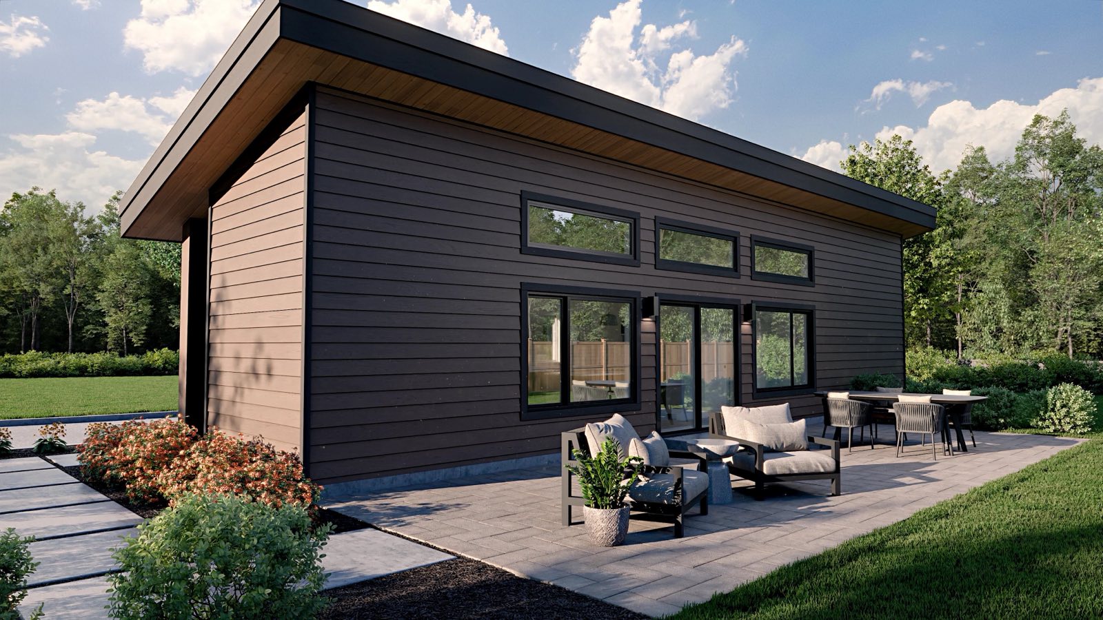 EcoHome rear elevation with dark siding and cedar soffit