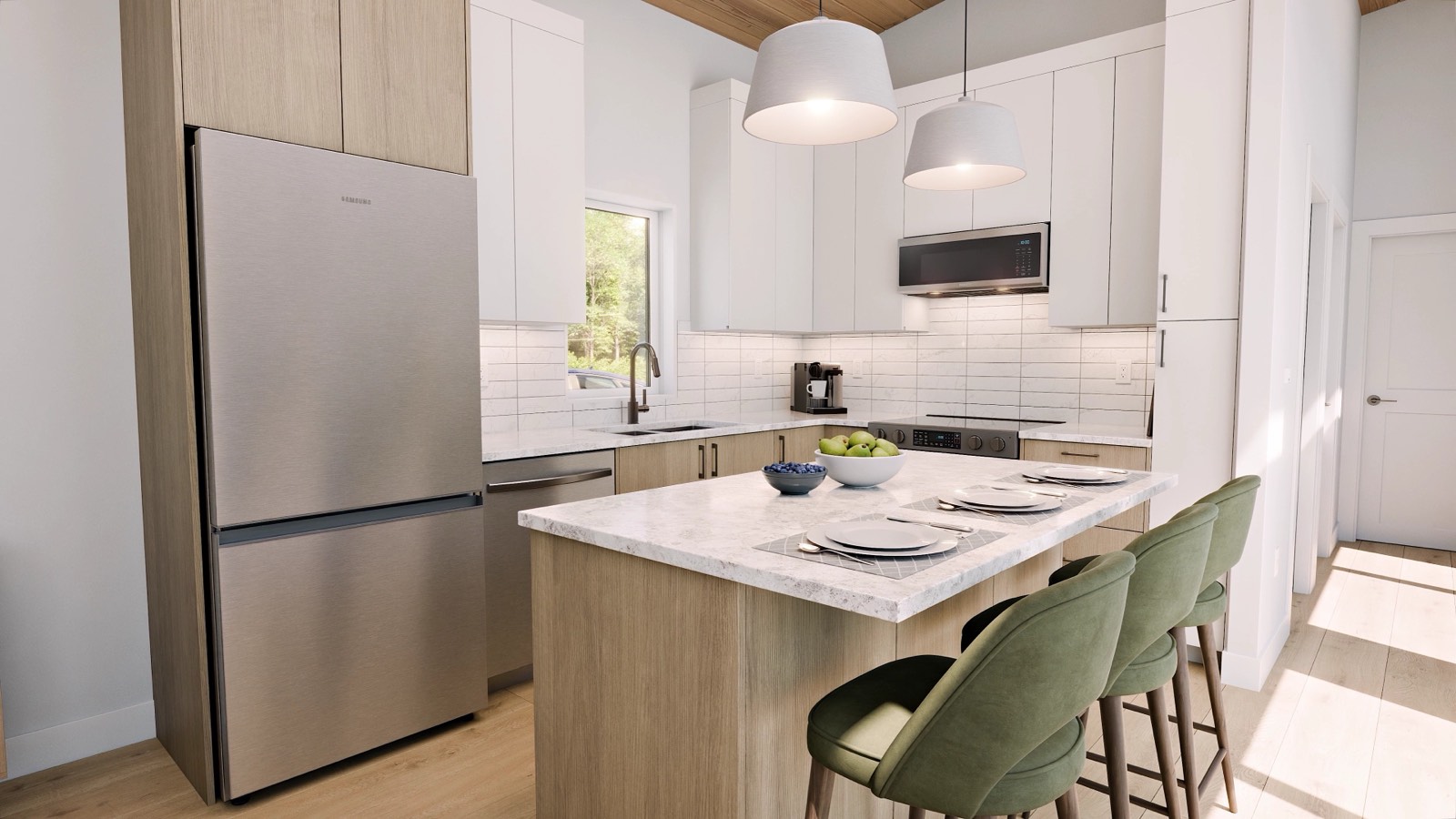 EcoHome kitchen with stone island and bar seating