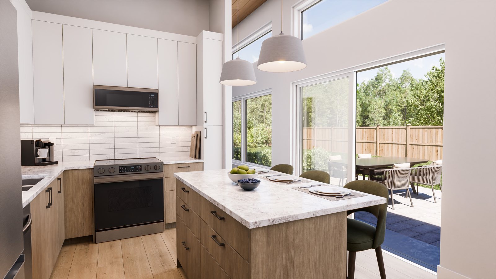 EcoHome kitchen opening onto the deck through full-height glass
