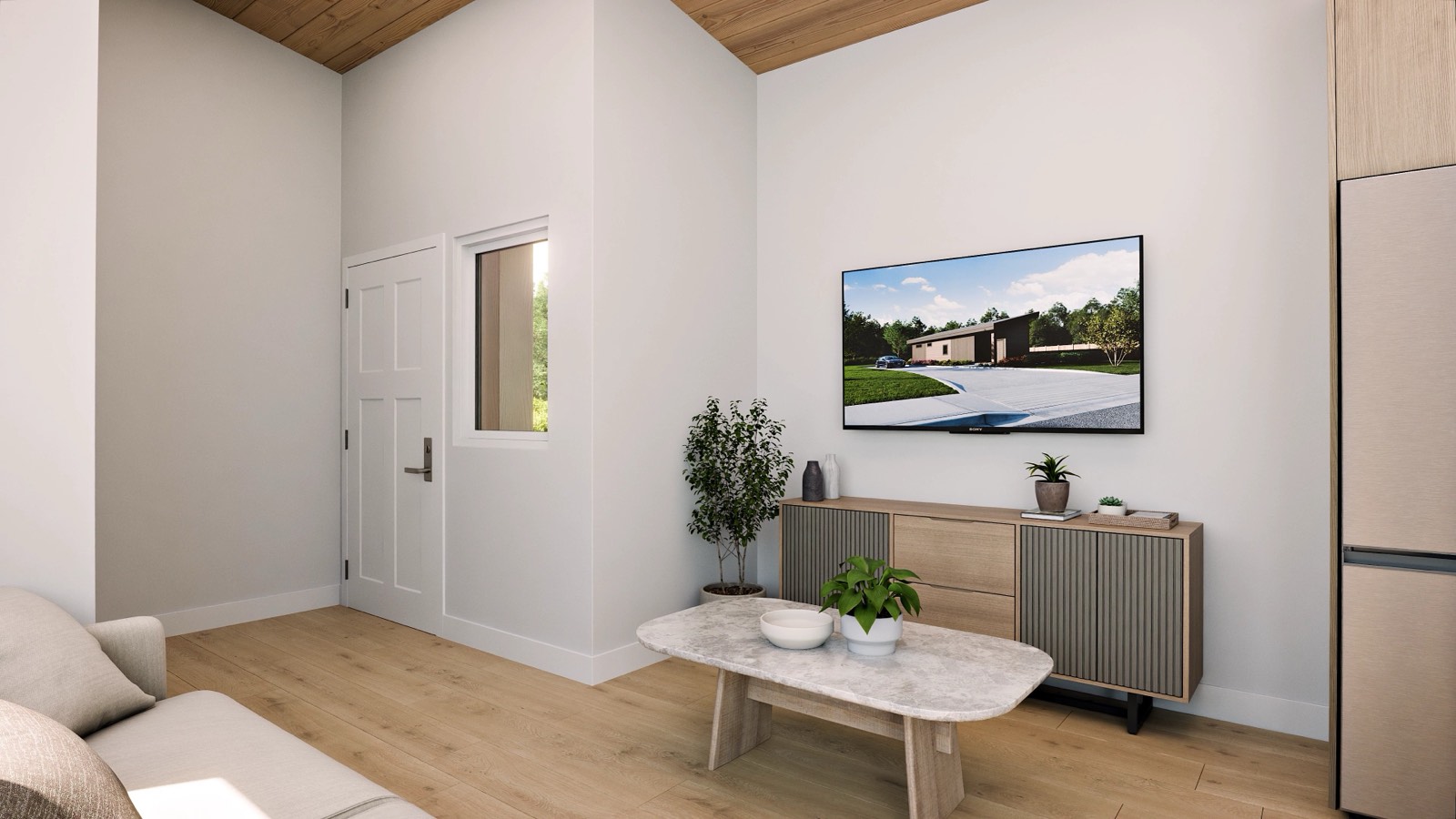 EcoHome living area with vaulted cedar ceiling